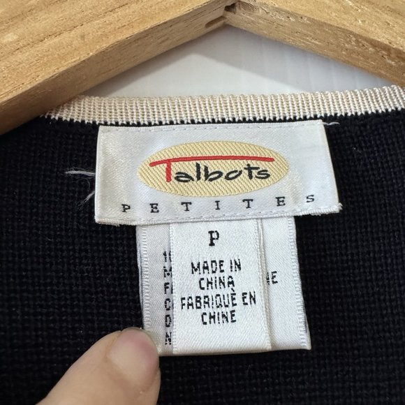 Talbots 100% Silk Open Front Cardigan Navy W/ivory Trim Women's Size P - Picture 5 of 16